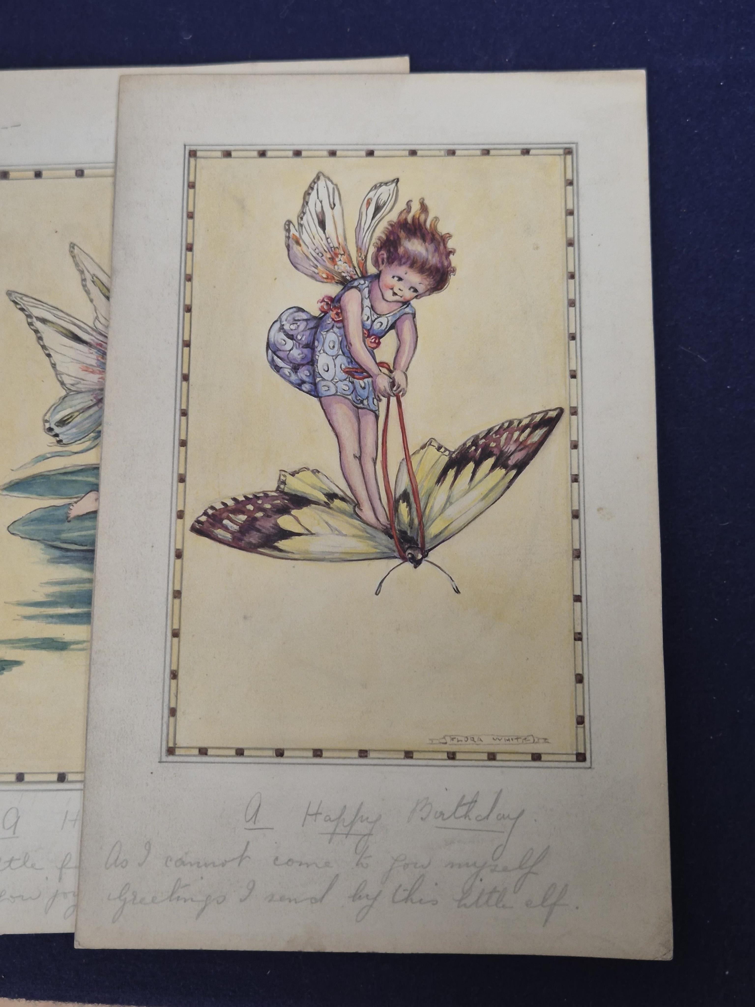 Flora White (Early 20th. C), Set of six original watercolours for children's birthday cards, Flower Fairies, each signed, inscribed in pencil, 23 x 14cm